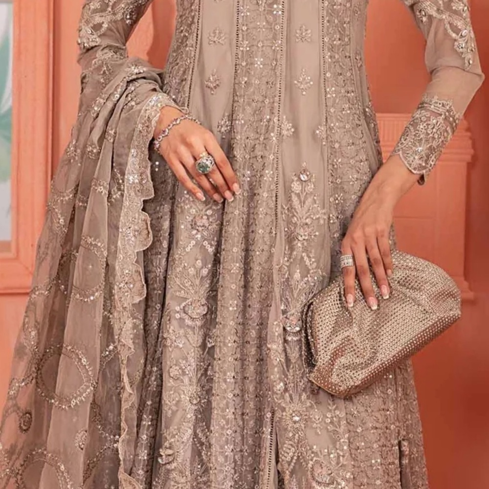 Cream Tiered Embellished Gown with Bishop Sleeves